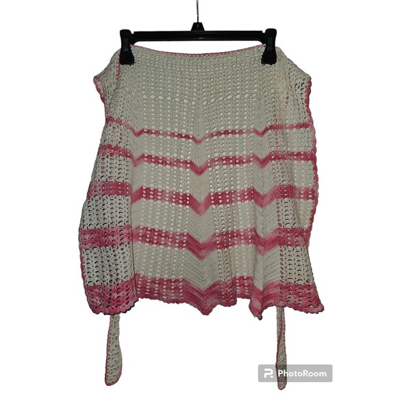 VINTAGE Handmade Pink & White Crocheted Half Apron One Size Chevron Stripe - Picture 1 of 2
